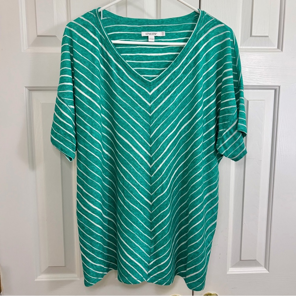 Chico's 100% Linen Green Teal Chevron Stripe Short Sleeve V-Neck Top Size Large